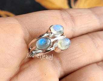 Natürliche Mondstein Ring Sterling Silber drei Stein Schmuck