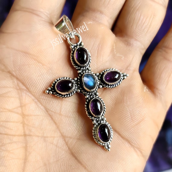 Pendentif Croix En Argent Sterling 925 Avec Labradorite Et Améthyste – Longueur 18 Pouces, Fait Main Inde