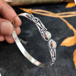 Natural Fire Opal Bangle, Handmade 925 Sterling Silver Adjustable Cuff
