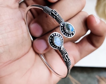 Bracelet Manchette Argent 925 - Pierre De Lune Et Labradorite - Fait Main - Vintage