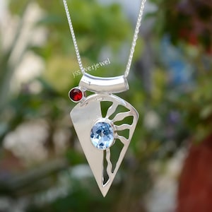 Handmade Sterling Silver Blue Topaz Garnet Pendant Necklace