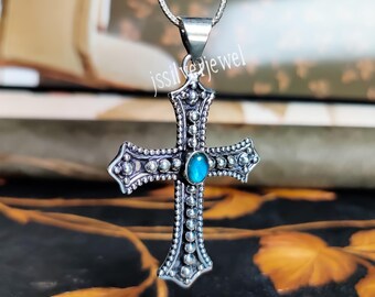 Collana Artigianale Con Ciondolo Croce In Opale Latteo | Argento 925 Fatto A Mano India