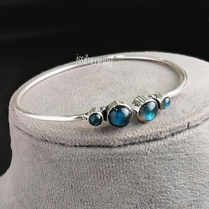 Blue Fire Labradorite Sterling Silver Bangle Cuff, Handmade Unisex Jewelry
