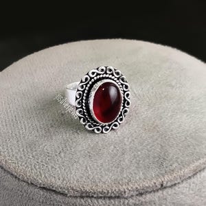 Handmade Sterling Silver Red Garnet Ring Oval Stone Boho Jewelry