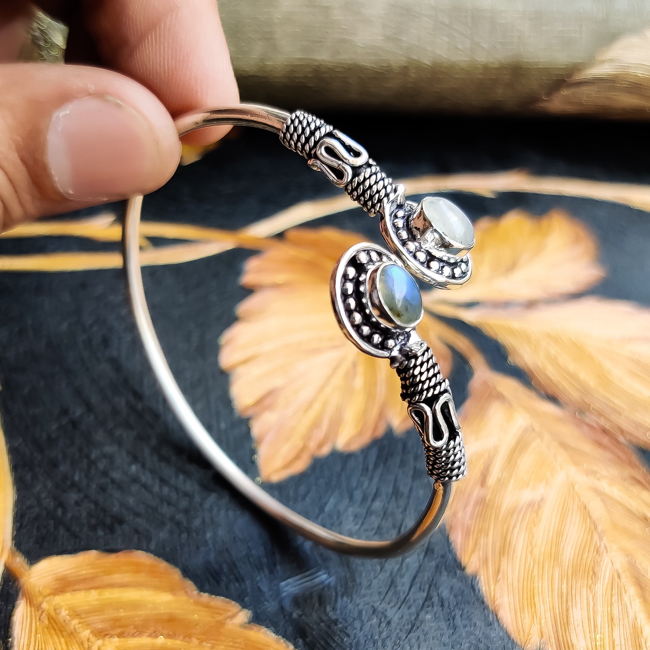 Bracelet Manchette Argent Sterling 925 – Labradorite Et Pierre De Lune – Fait Main – Vintage