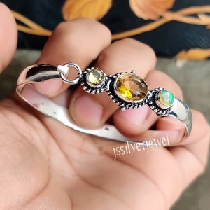 Handgemaakte opaal citrien zilveren armband, 925 zilveren manchet met meerdere edelstenen