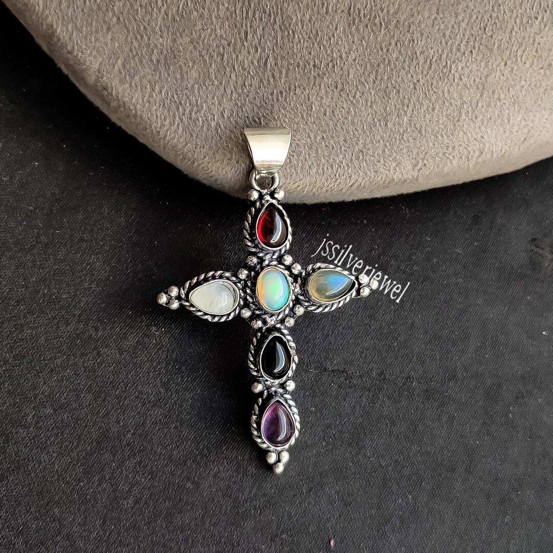 Natural Multi Stone Cross Pendant, Handmade 925 Sterling Silver ...