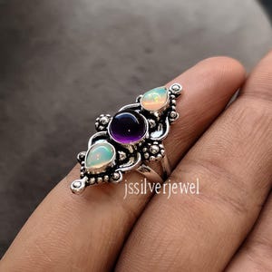 Natural Opal Amethyst Handmade Women Jewelry 925 Silver Three Stone Ring