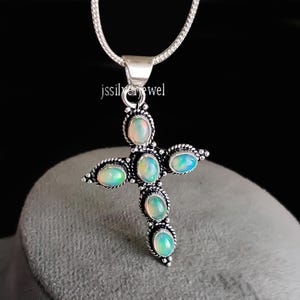 Opal Cross Pendant Necklace Sterling Silver October Birthstone Jewelry