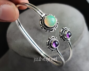 オパールアメジスト宝石カフブレスレット：925スターリングシルバー 