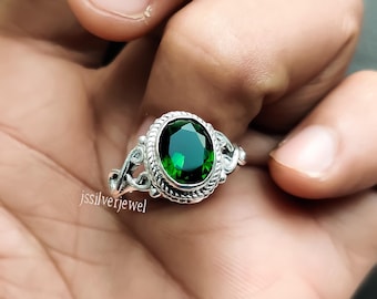 Natural Diopside Ring, Oval Green Gemstone, 925 Sterling Silver Jewelry