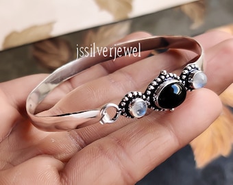 Bracelet Manchette Argent Sterling 925 Avec Onyx Noir Et Pierre De Lune - Fait Main, Réglable