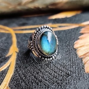 Handmade Sterling Silver Labradorite Ring, Blue Fire Oval Stone Jewelry