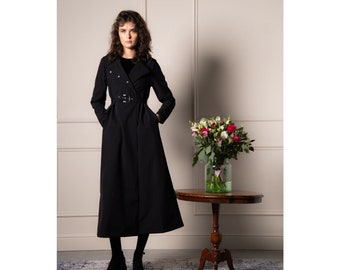 Double-Breasted Coat with Trapeze Cut in Black, Women's Black Coat, Elegant Outerwear, Classic Trench Coat, Stylish Coat | Black Classic