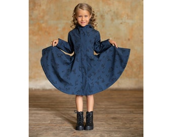 Dark Blue Long Fall Coat for Girls with Hood, Fitted and Flared Waterproof Coat for Girls with Floral Print | Blue Frost