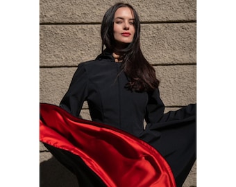 Elegant Hooded Solid Black Women's Waterproof Overcoat, Stylish Belted Trench Coat with Bright Red Lining for Autumn and Spring, Raven Red