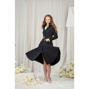 Black Coat with Pleated Skirt, Belted, Waterproof Womens Coat 'Black Sway' with Detachable Hood. Feminine Design, Fit & Flare Cut Like Dress