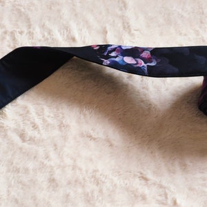Black floral fabric belt for a coat, purple hydrangea flower pattern, accessory to your waterproof coat 'Hortense' or any black coat image 1