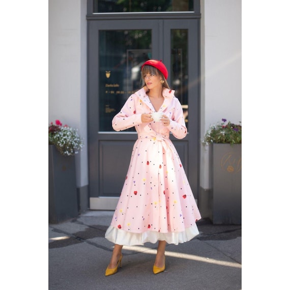 Waterproof Fitted Soft Pink Coat With A-line Skirt, Floral Print,  Detachable Hood, Women's Fall Outerwear With Polka Dots | Cotton Candy -  Etsy Ireland