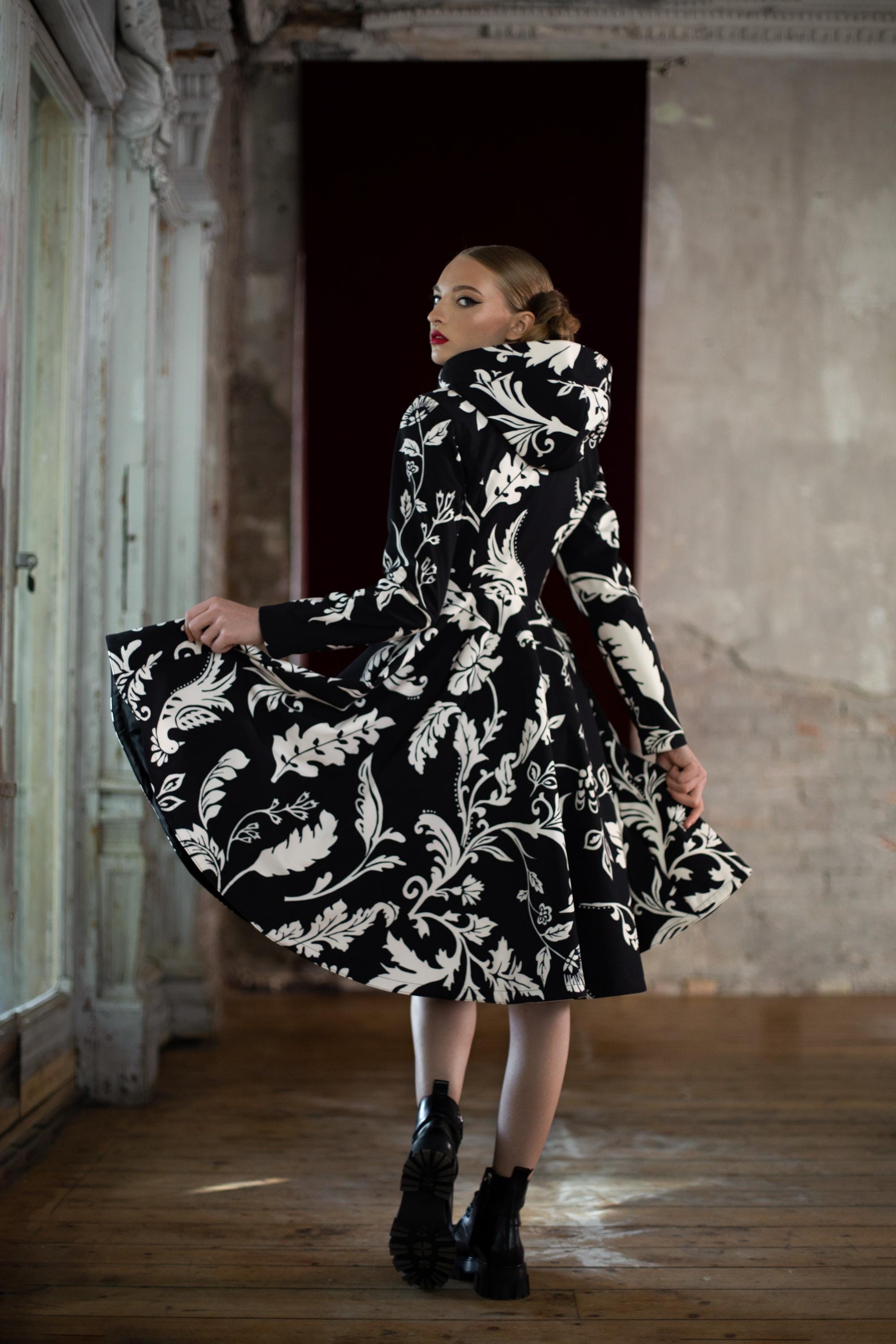 Floral Print Black and White Women's Coat 'blooming Night', Waterproof, With Large Hood and Snap Buttons. Feminine Design, Fit and Flare Cut - Etsy Floral Print Black and White Women's Coat 'blooming Night', Waterproof, With Large Hood and Snap Buttons. Feminine Design, Fit and Flare Cut - Etsy
