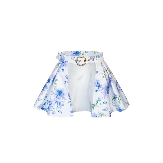 White Floral Buckle Belt With Peplum Detail, Blue Flower  display picture 1