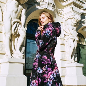 Fabulous hooded windbreaker, long black vintage inspired coat, flare knee length coat, Floral raincoat 'Hortense' image 4