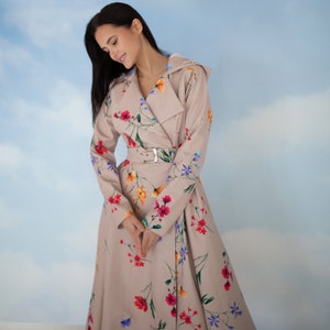 Beige Design Coat with Colorful Flower Print and Belt, Hooded Waterproof Trench Coat | 'Spring Bloom'