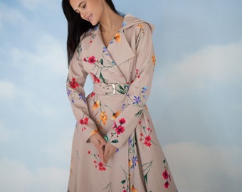 Beige Design Coat with Colorful Flower Print and Belt, Hooded Waterproof Trench Coat | 'Spring Bloom'