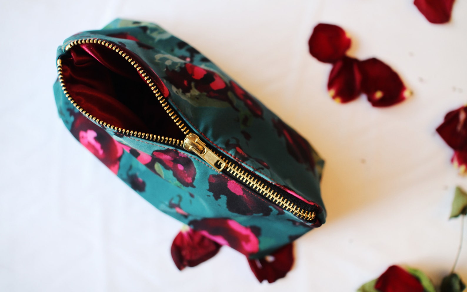 Emerald Green Makeup Bag With Red Floral Pattern Dark Red Etsy