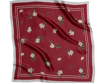 Kleines quadratisches Seidentuch für Damen, rot mit weißen, handgezeichneten Blumenmuster, Größe 53 x 53 cm, Halstuch, Haargummi, Taschenzubehör, Geschenk für Sie