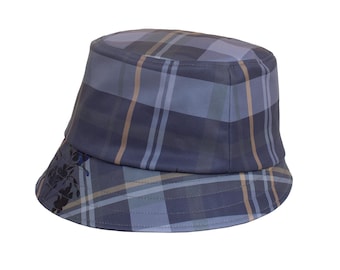 Ballad of Blue Plaid Women Bucket Hat, Water Resistant Softshell Rain Hat with Flowers & Cotton Lining, Lightweight All Weather Accessory