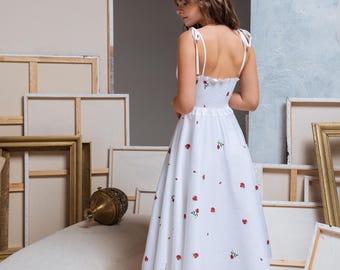 White Floral Sundress, Fit&flare Midi Dress, Adjustable Tie Strap Elastic  Back Summer Dress 'petite Fleur', Garden Party Dress With Pockets - Etsy  Canada