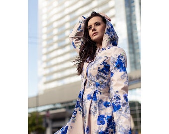 【deres】feather spring coat Beige Elongated Women's Hooded Swing Coat With Blue Flowers