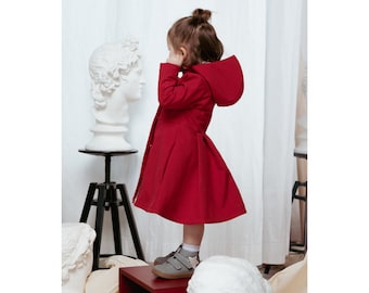 Dark Red Long Spring Coat, Fitted and Flared Waterproof Coat for Girls, Hooded Red Raincoat for Baby Girl | 'Scarlet Red'