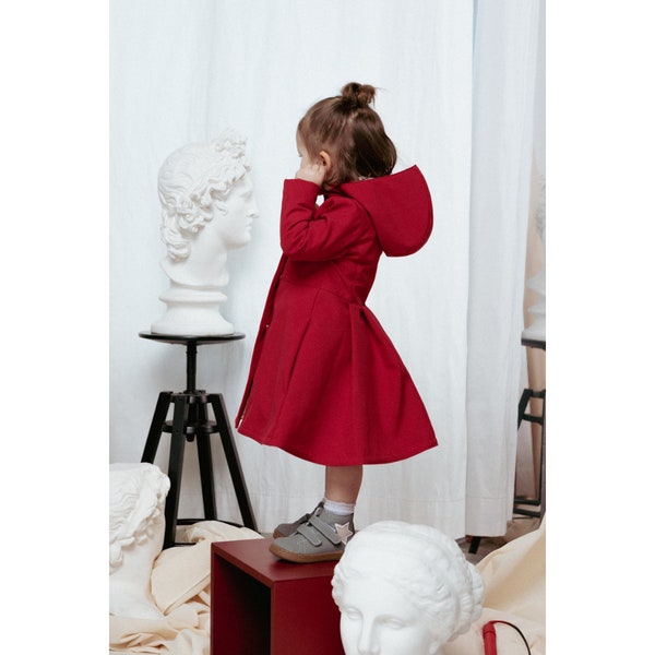 Dark Red Long Spring Coat, Fitted and Flared Waterproof Coat for Girls, Hooded Red Raincoat for Baby Girl | 'Scarlet Red'