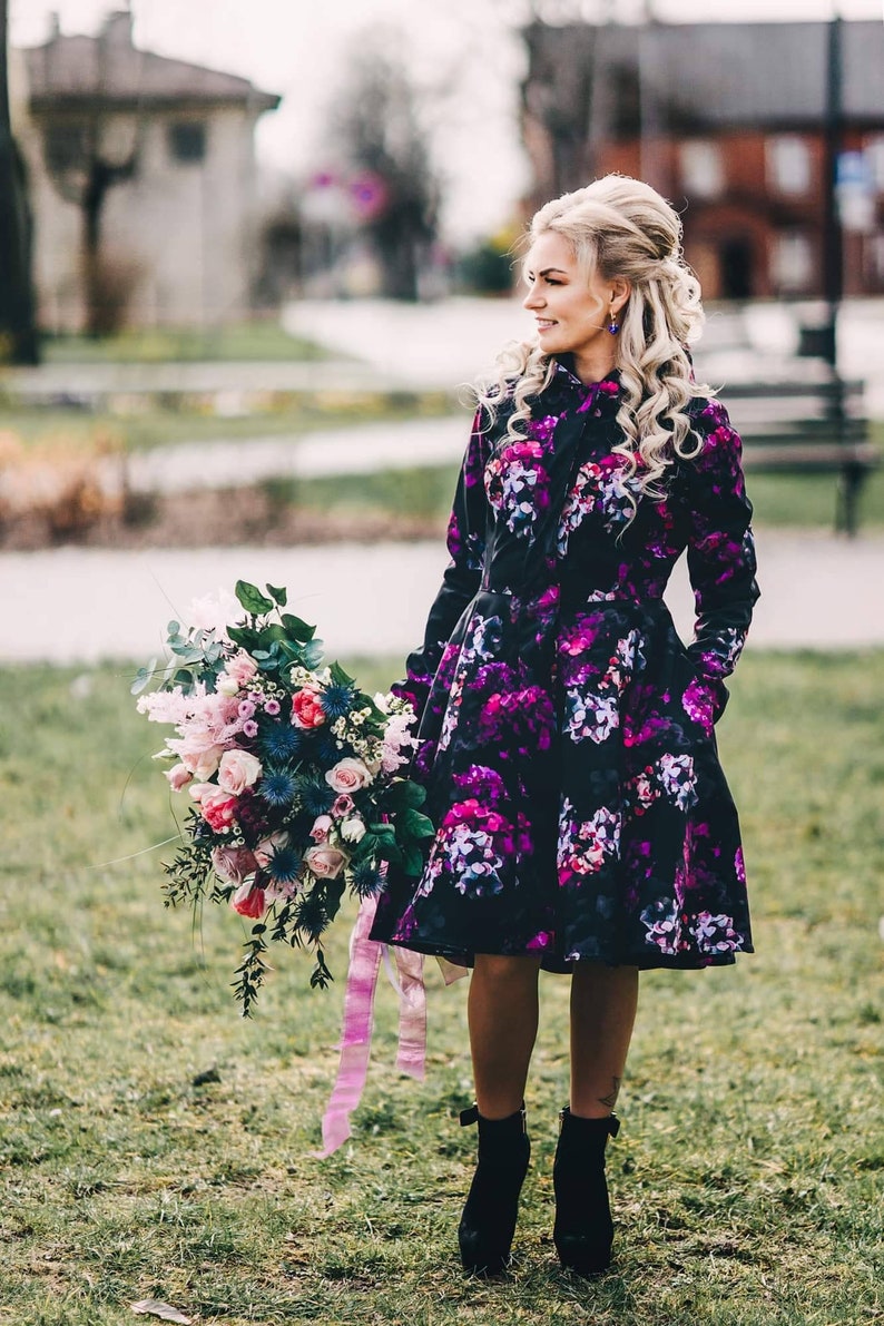 Black floral fabric belt for a coat, purple hydrangea flower pattern, accessory to your waterproof coat 'Hortense' or any black coat image 3