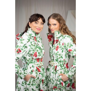 Waterproof Fitted White Coat with A-Line Skirt 'Charming Rose'. Floral Print, Detachable Hood, Belted Women's Outerwear, Feminine Style Coat