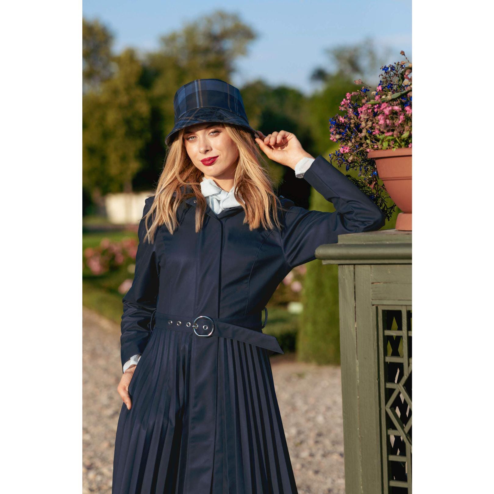Blue A-line Trench Coat With Pleated Skirt, Elegant Water