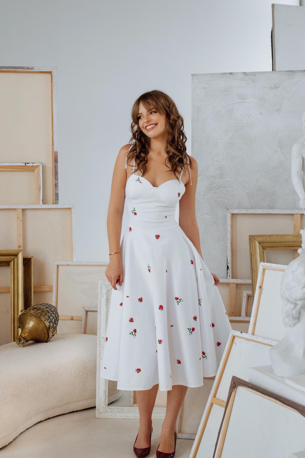floral strap fit and flare dress in white White Floral Sundress, Fit&Flare Midi Dress, Adjustable Tie Strap Elastic Back Summer Dress 'Petite Fleur', Garden Party Dress with Pockets