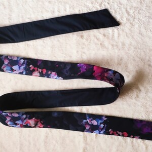 Black floral fabric belt for a coat, purple hydrangea flower pattern, accessory to your waterproof coat 'Hortense' or any black coat image 2