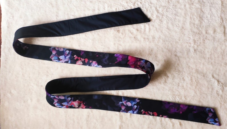 Black floral fabric belt for a coat, purple hydrangea flower pattern, accessory to your waterproof coat 'Hortense' or any black coat image 2