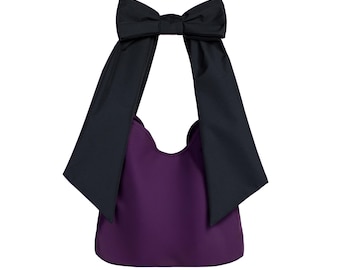 Sac fourre-tout avec noeud prune, sac à bandoulière violet avec bandoulière noir, sac avec noeud pour tous les jours, résistant à l'eau, cadeau élégant pour elle, accessoire de mode