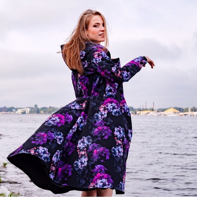 Fabulous hooded windbreaker, long black vintage inspired coat, flare knee length coat, Floral raincoat 'Hortense' image 3