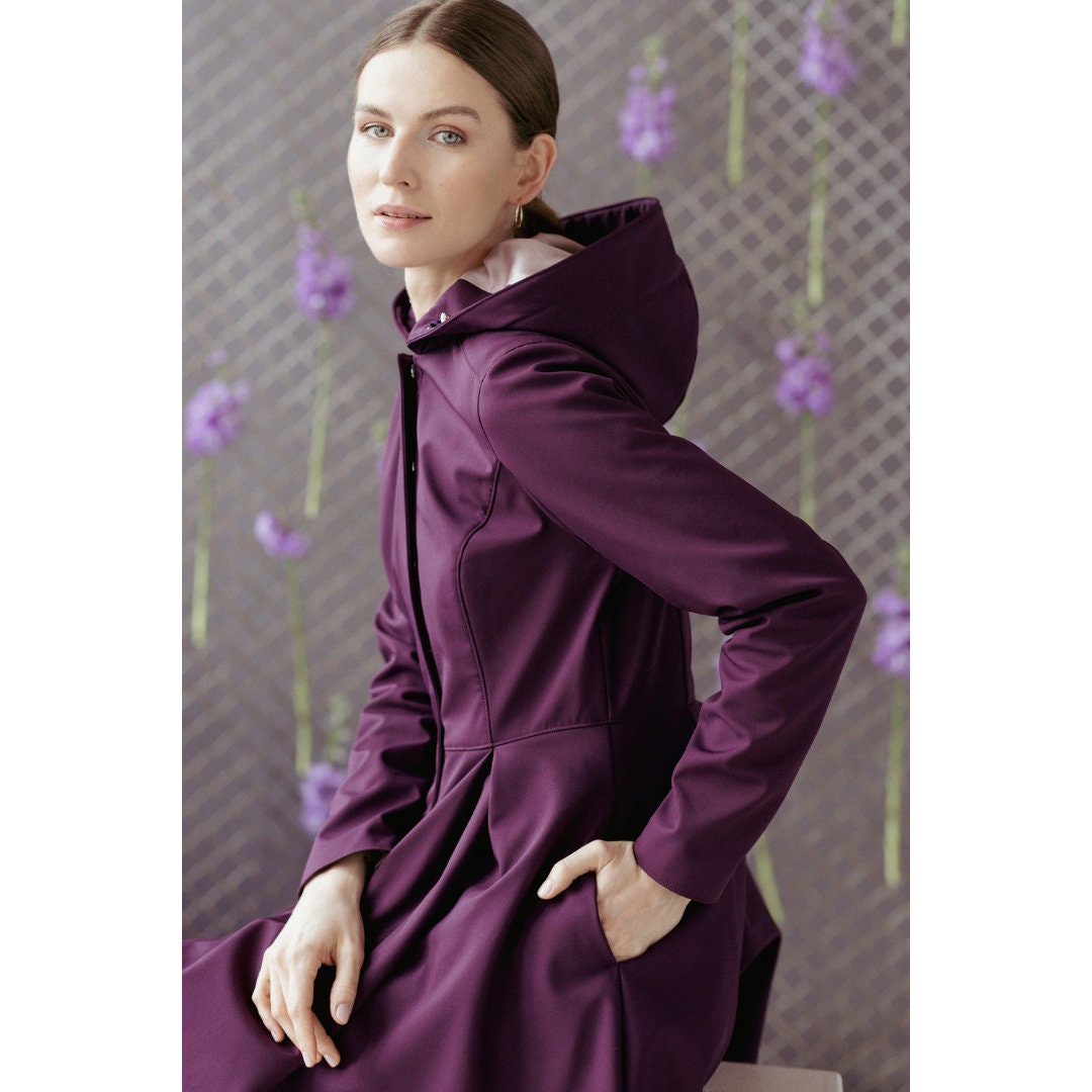 Waterproof Long Purple Coat for Women Womens Hooded Dark Purple Raincoat with Lining and Pockets Ruby Purple