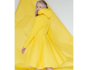 Hooded Yellow Raincoat for Women, Waterproof Womens Yellow Trench Coat with Hood | 'Yellow Sun'