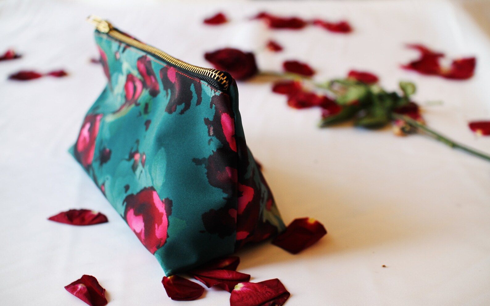 Emerald Green Makeup Bag With Red Floral Pattern Dark Red Etsy