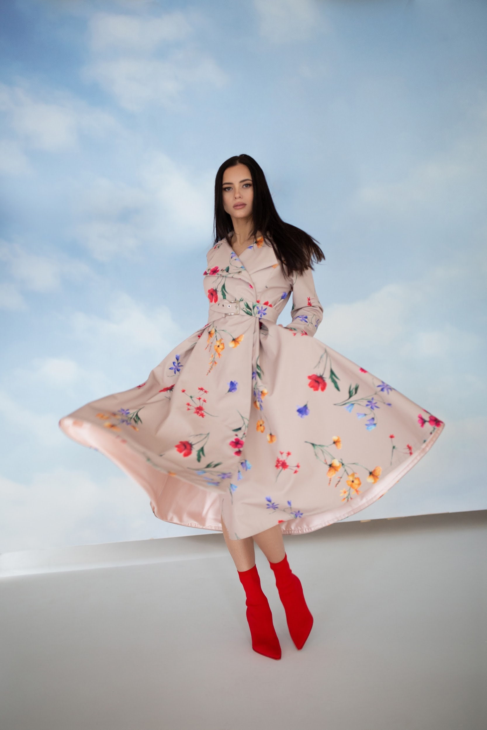Beige Design Midi Length Coat With Colorful Vibrant Flower