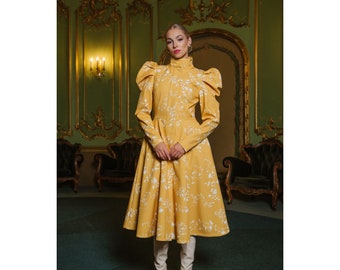 Yellow Fitted and Flared Coat with Retro Charm Balloon-Styled Sleeves and White Floral Print | 'Majestic Yellow'
