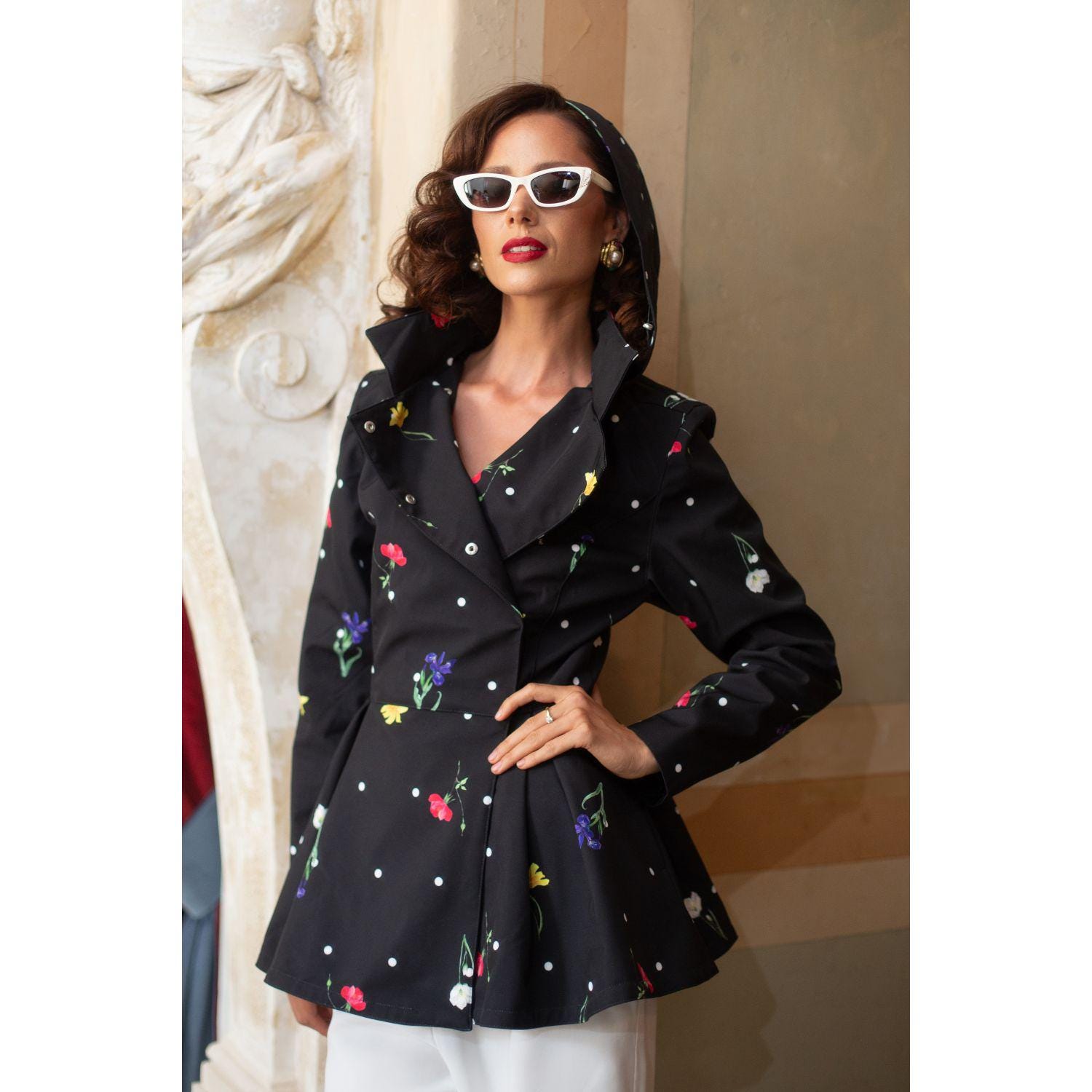 Beautiful Black Jacket With Floral Print, Detachable Hood, Satin
