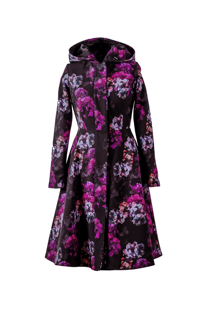 Fabulous hooded windbreaker, long black vintage inspired coat, flare knee length coat, Floral raincoat 'Hortense' image 2